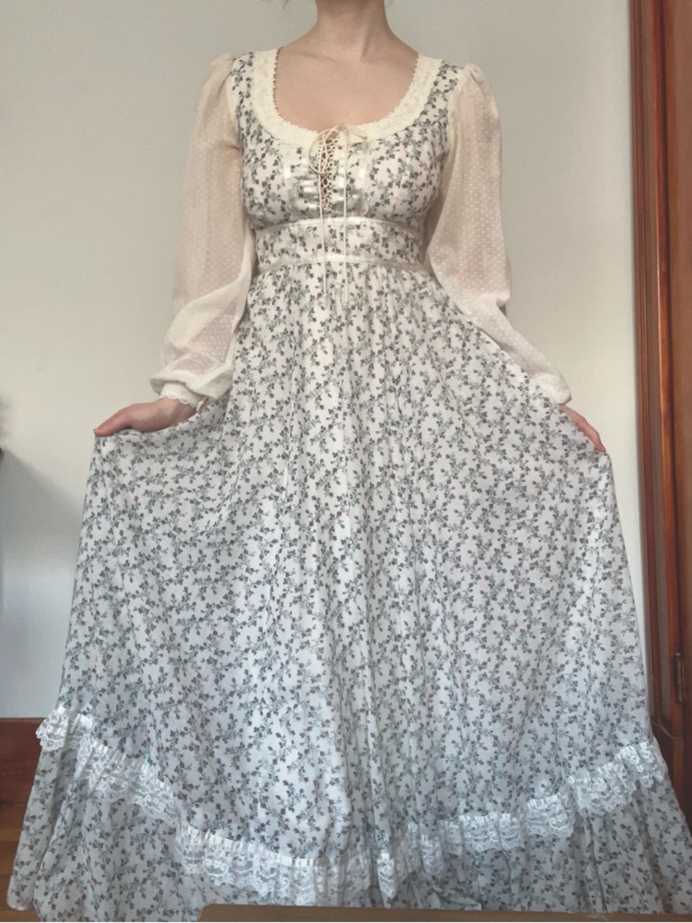 Vintage 70s Gunne Sax Prairie Maxi Dress Cream Floral Sheer Sleeves Lace